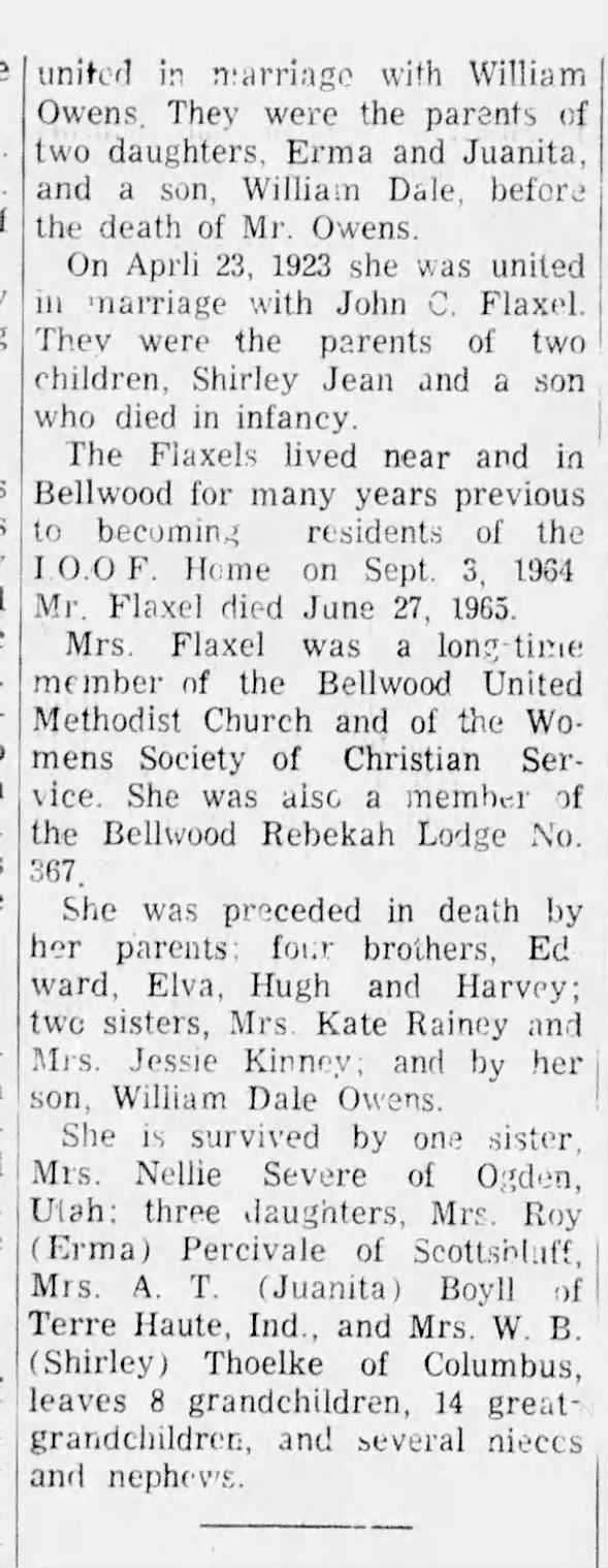 Mayme Waite Owens Flaxel Obit Pt 2 David City NE Banner-Press 1970-1-8 Thu Pg 15